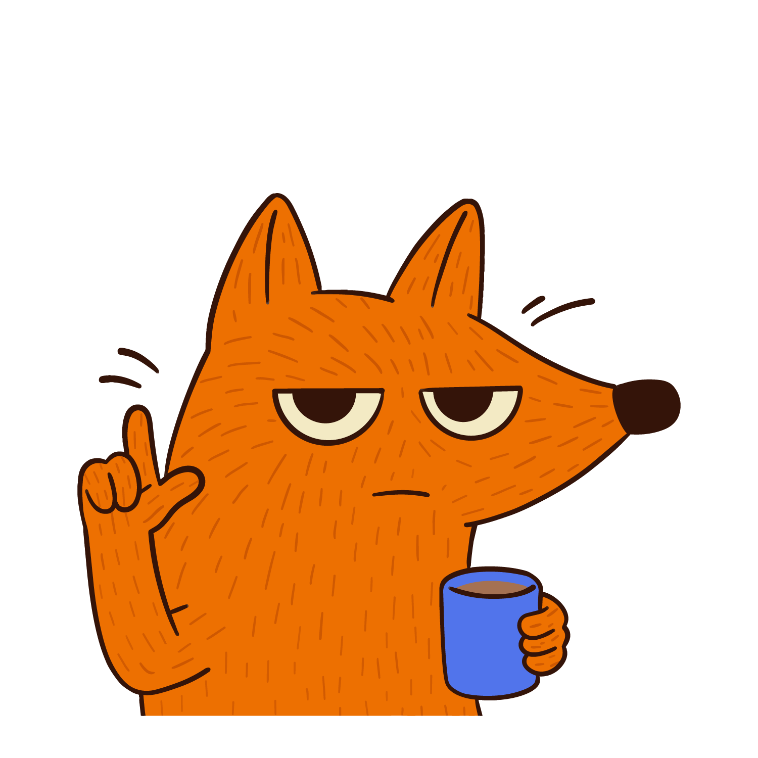 Cocofox approving the selection, holding his blue mug