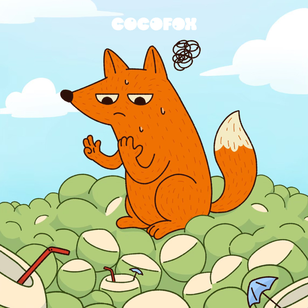 CocoFox sitting on a pile of coconuts