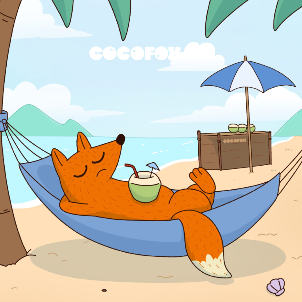 CocoFox resting in a blue hammock with a coconut