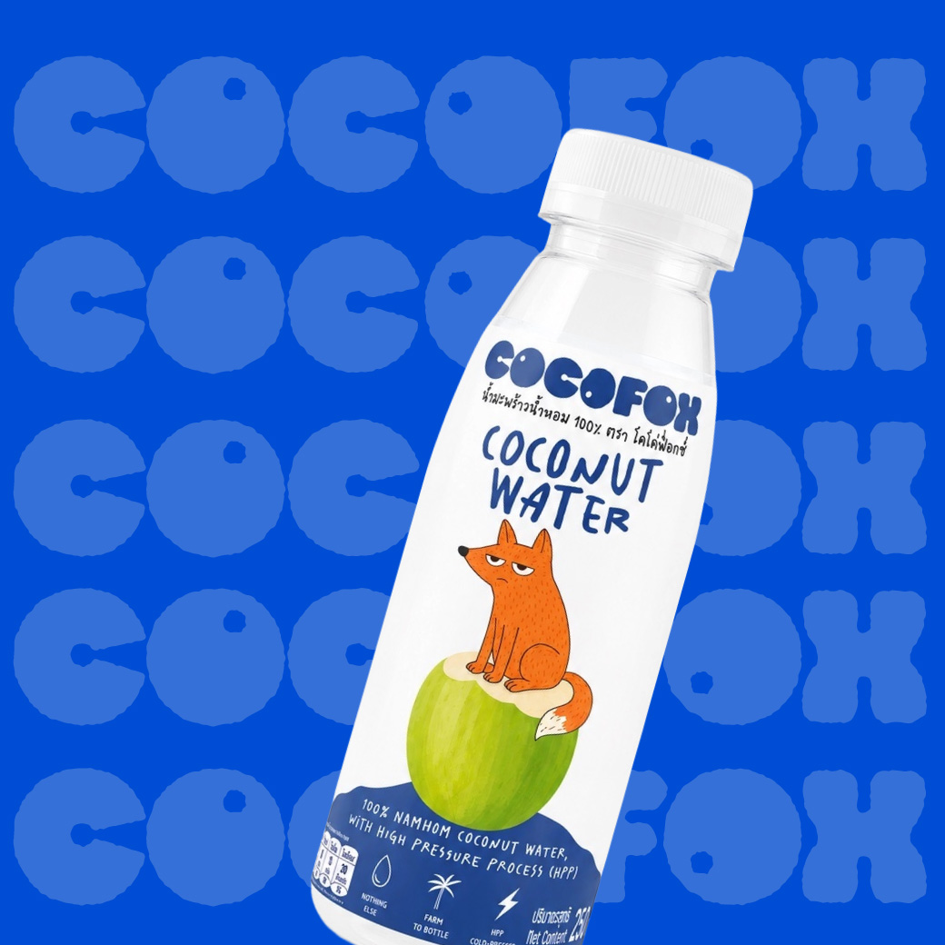 Cocofox coconut water bottle with blue Cocofox pattern